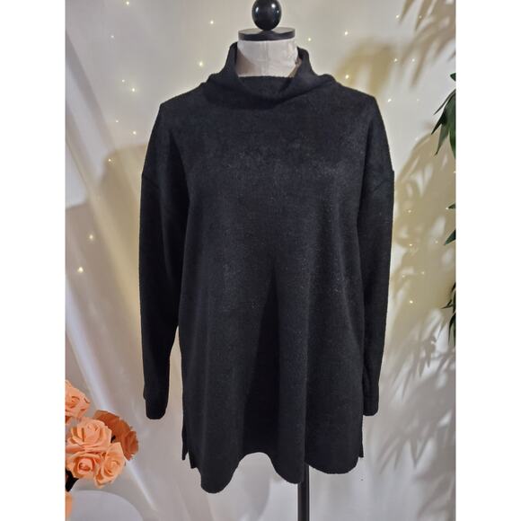 Chicos Womens Chenille Mock Neck Side Slit Pullover Tunic Sweater Size 2 L Black - Picture 1 of 8